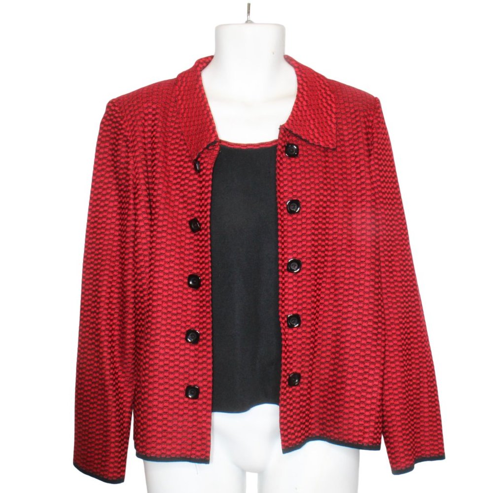 Ming Wang Red Black Knit Collared Cardigan Sweater Blazer & Tank Top Set (XL)